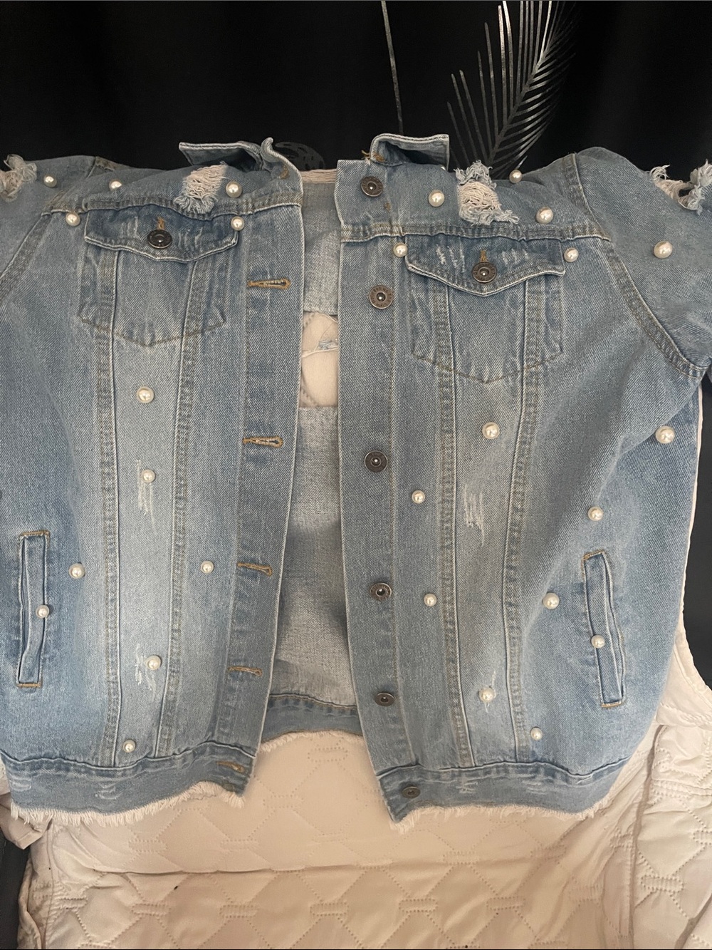Pearl-Trim Light Blue Denim Jacket - Women